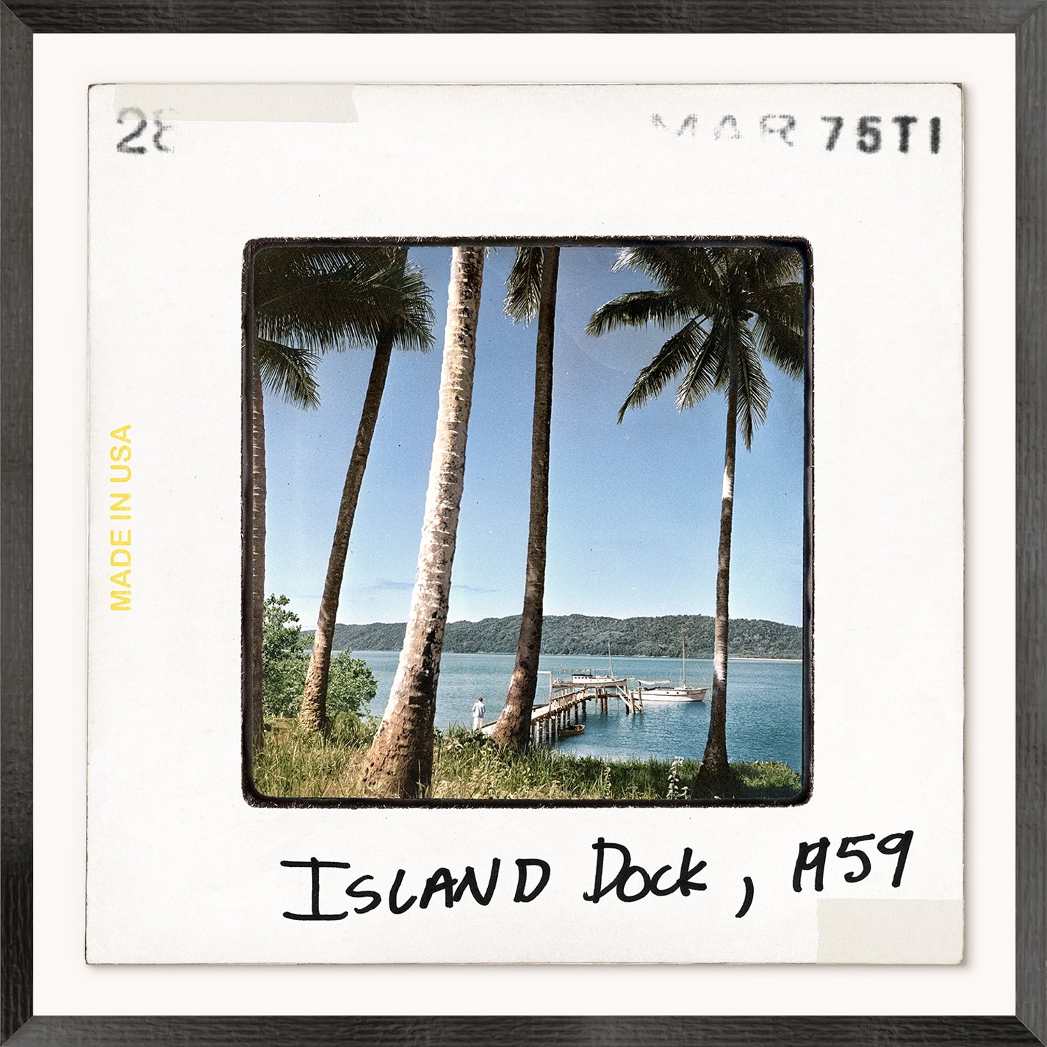 Toni Frissell Slides, Island Dock, 1957 featuring palm trees, a dock, and a serene water view in vintage style