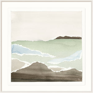Watercolour Vista III wall art featuring soft green and blue waves with a neutral background