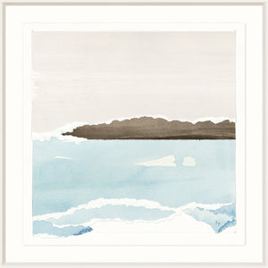 Watercolour Vista VII wall art featuring soft blue water and neutral tones, framed.