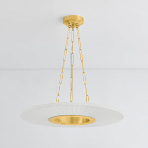 Prattsburgh Chandelier 30" in aged brass shown from a second angle to highlight the frame, arms, and shade detail.