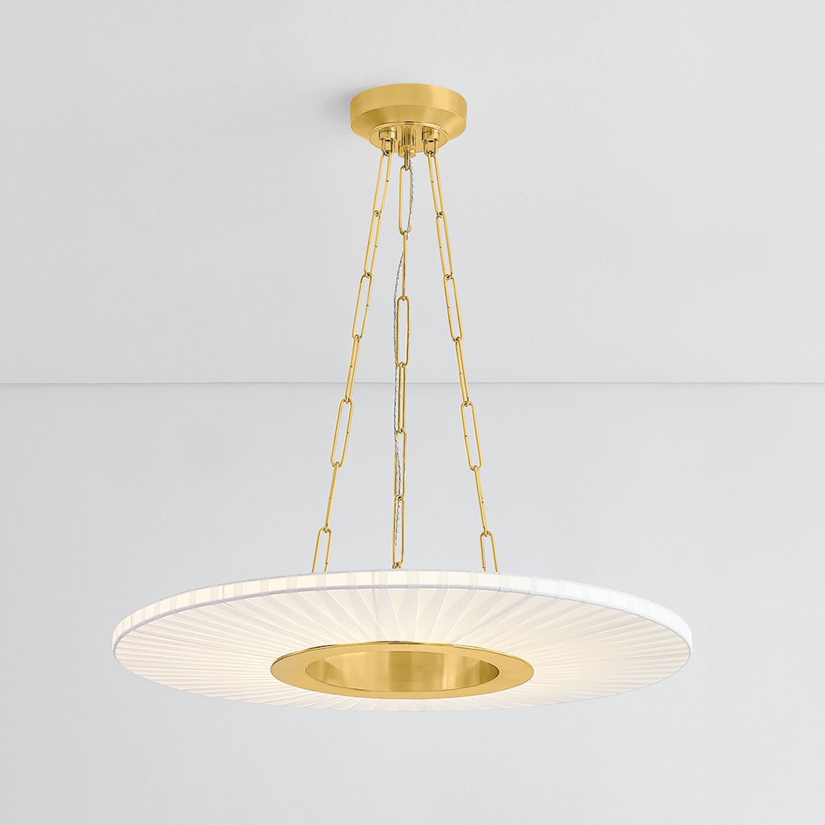 Prattsburgh Chandelier 30" in aged brass shown from the front to reveal the frame, arms, and shade detail.