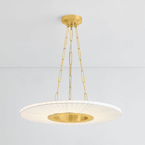 Prattsburgh Chandelier 30" in aged brass shown from the front to reveal the frame, arms, and shade detail.