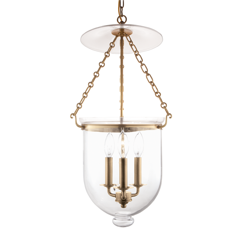 Hampton Pendant 12" x 25" in aged brass — a Hudson Valley pendant for kitchens, entries, and dining rooms at Laurie Yapp Home.