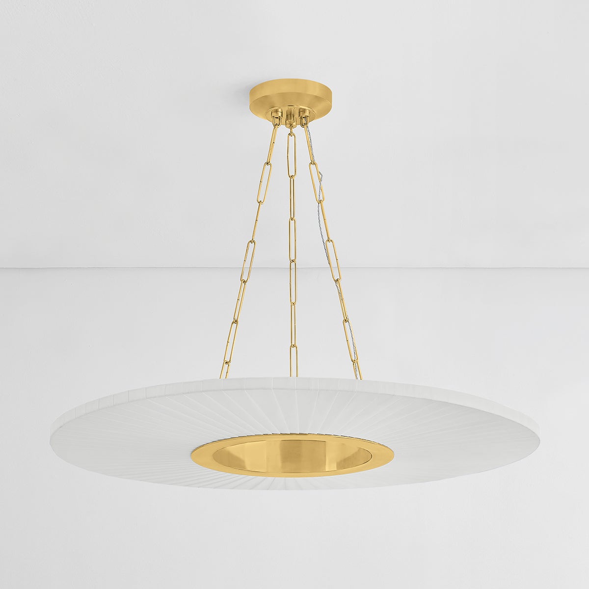 Prattsburgh Chandelier 40" in aged brass shown from a second angle to highlight the frame, arms, and shade detail.