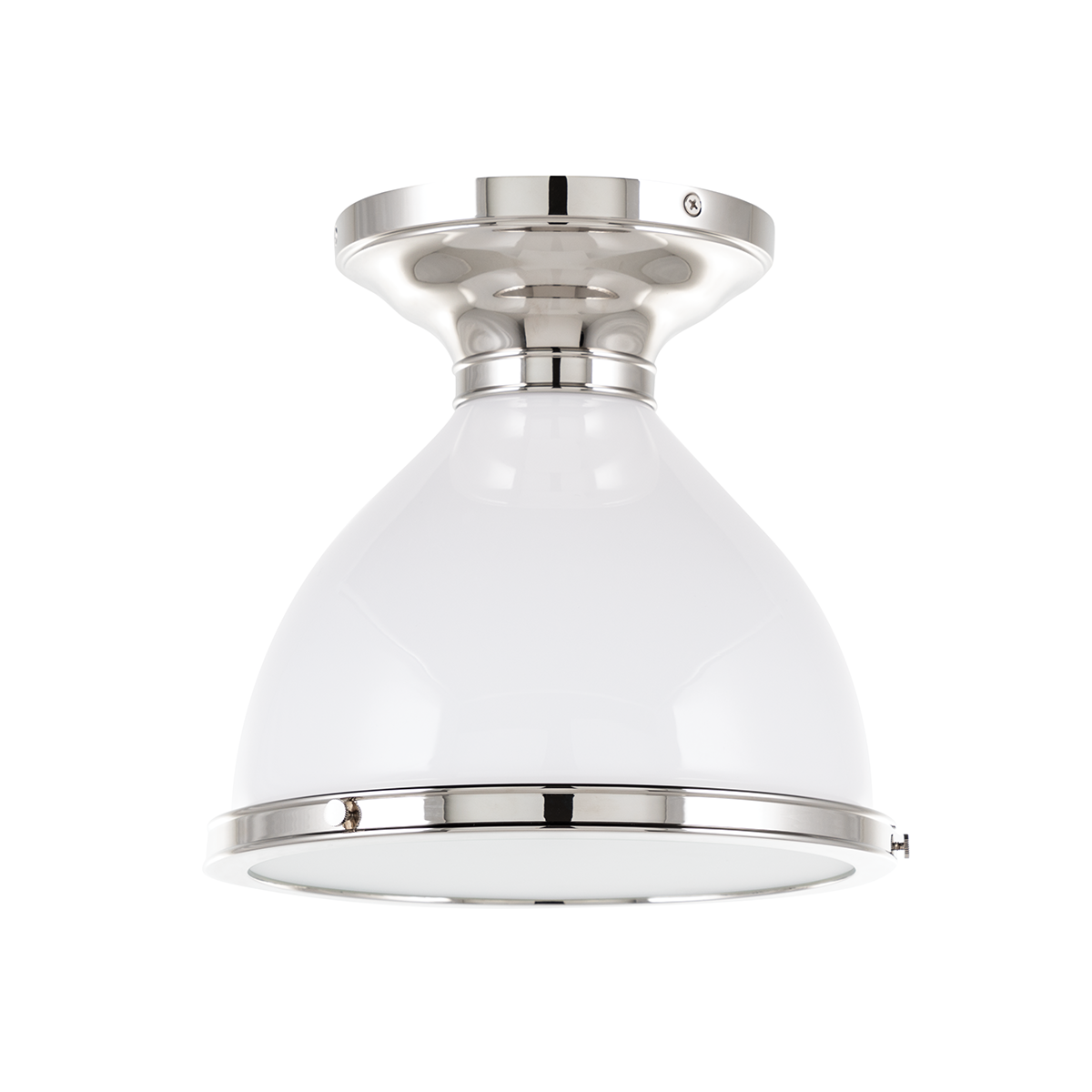 Randolph Semi Flush in polished nickel shown from a second angle to highlight the shade profile and mounting canopy.