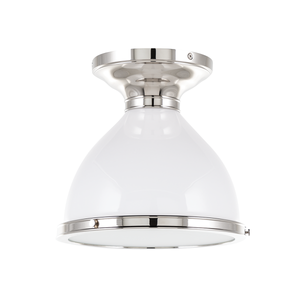 Randolph Semi Flush in polished nickel shown from a second angle to highlight the shade profile and mounting canopy.