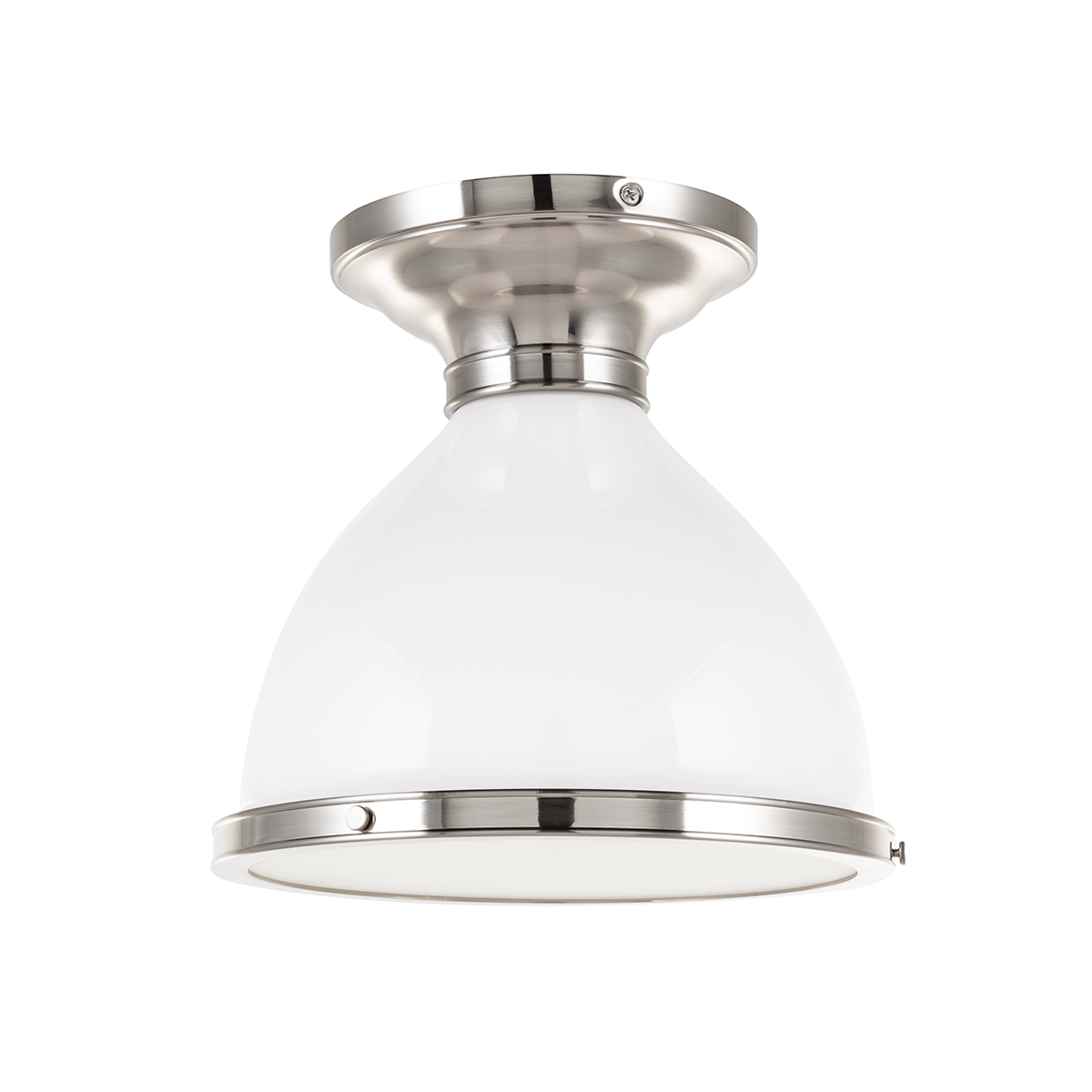 Randolph Semi Flush in satin nickel shown from the front to reveal the shade profile and mounting canopy.