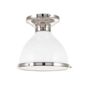 Randolph Semi Flush in satin nickel shown from the front to reveal the shade profile and mounting canopy.
