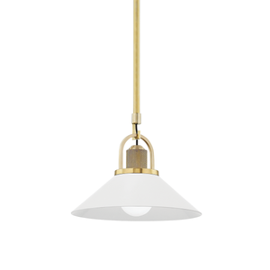 Syosset Pendant 12" in aged brass shown from a second angle to highlight the shade shape and metal detail.