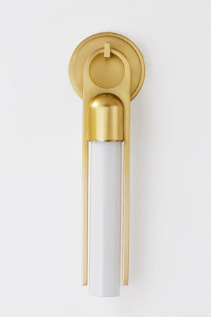 Bethlehem Wall Sconce in aged brass shown from the front to reveal the arm curve and shade silhouette.