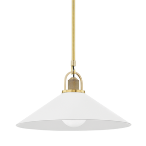 Syosset Pendant 20" in aged brass shown from a second angle to highlight the shade shape and metal detail.