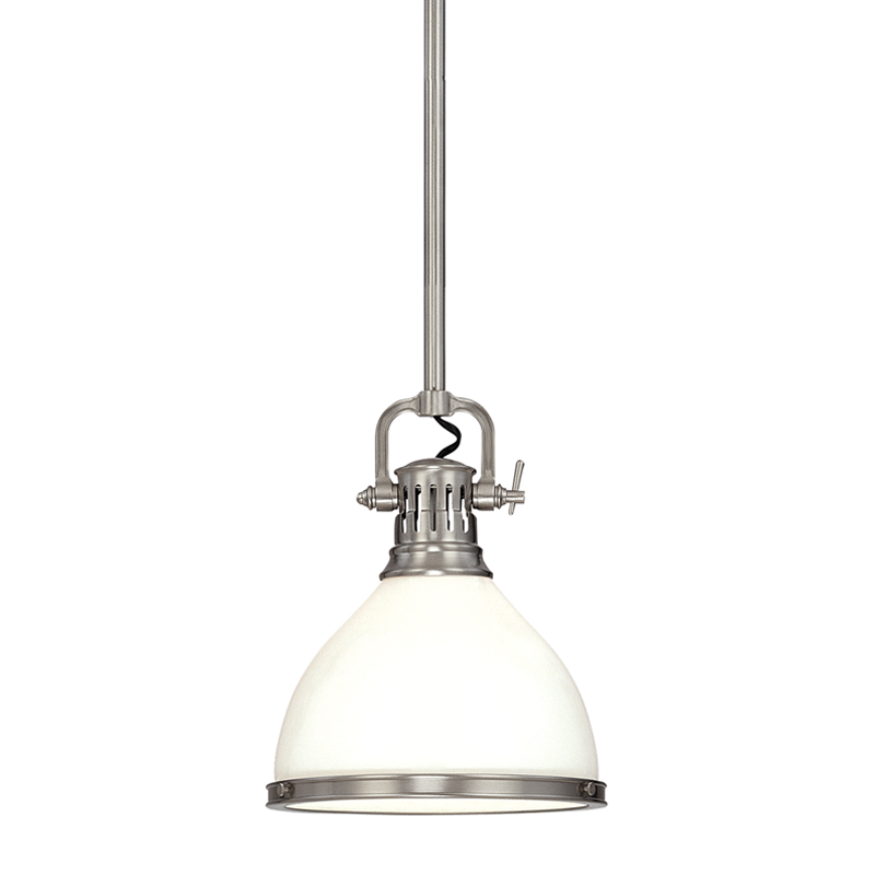 Randolph Pendant 10" in satin nickel shown from the front to reveal the shade shape and metal detail.