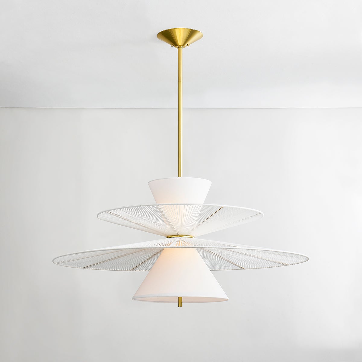 Close-up of the Esperance Chandelier in aged brass showing the frame, arms, and shade detail.