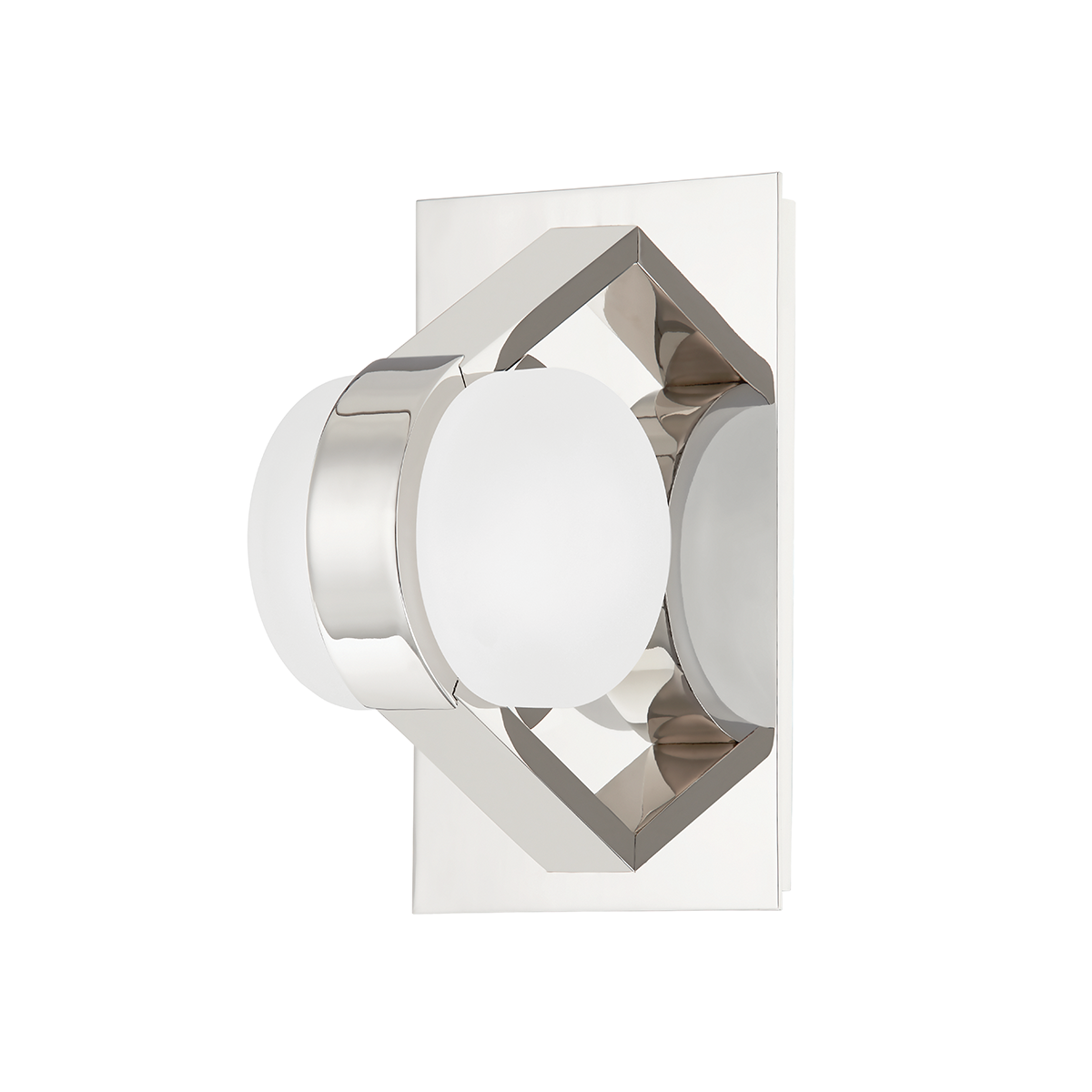 Orbit Wall Sconce in polished nickel shown from a second angle to highlight the arm curve and shade silhouette.