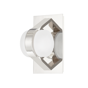 Orbit Wall Sconce in polished nickel shown from a second angle to highlight the arm curve and shade silhouette.
