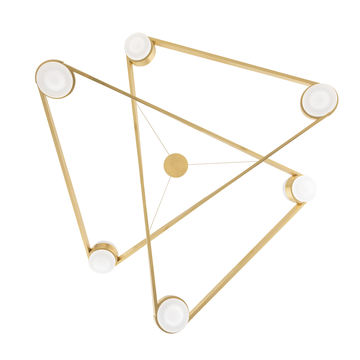 Orbit Chandelier 38" in aged brass shown from the front to reveal the frame, arms, and shade detail.