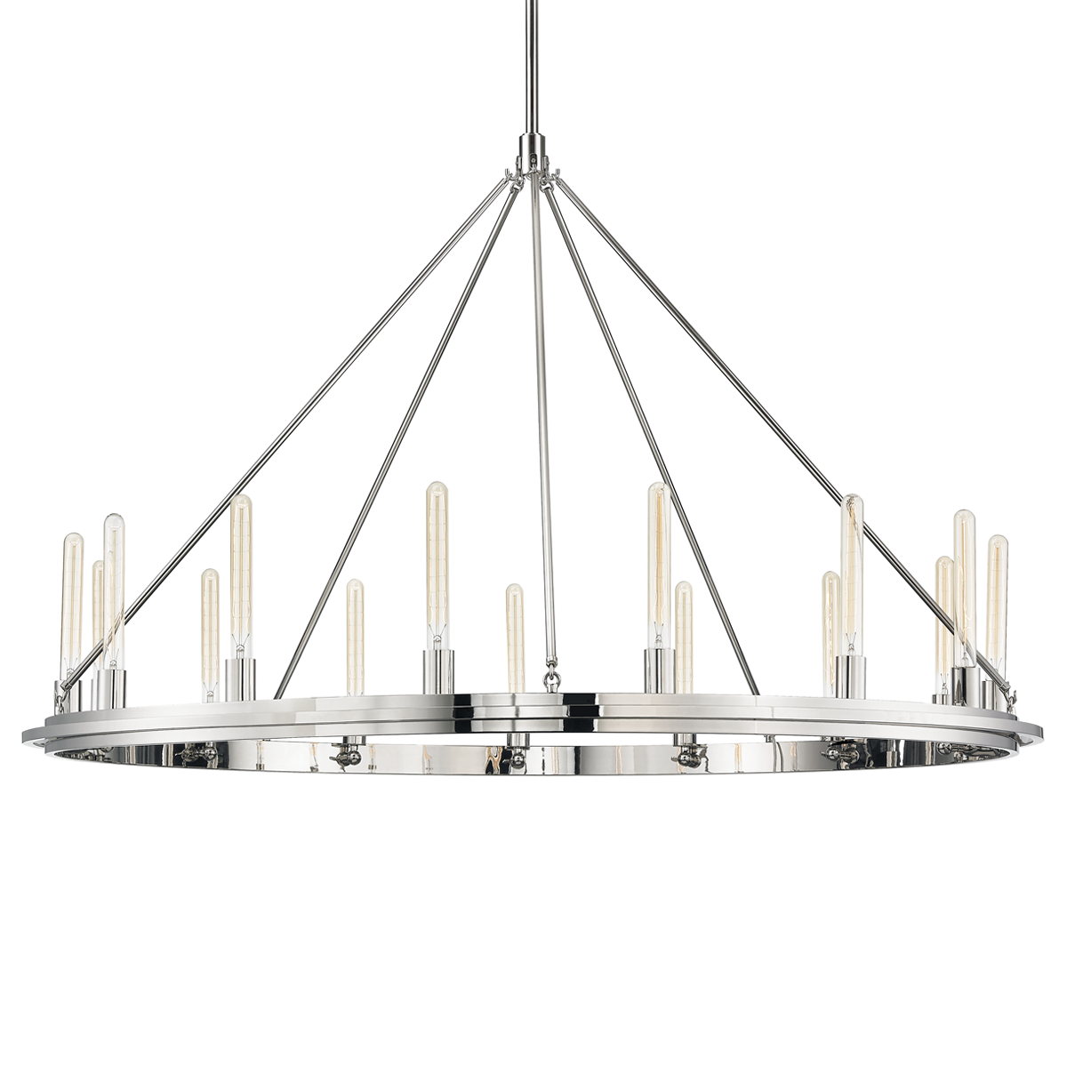 Chambers Chandelier 58.25" in polished nickel shown from the front to reveal the frame, arms, and shade detail.