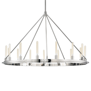Chambers Chandelier 58.25" in polished nickel shown from the front to reveal the frame, arms, and shade detail.