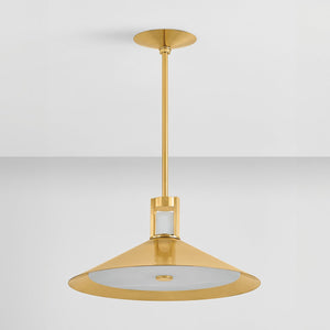 Clermont Pendant 20" in aged brass shown from the front to reveal the shade shape and metal detail.