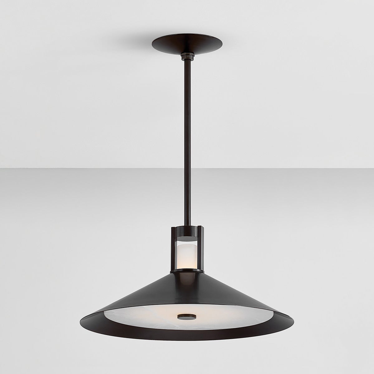 Close-up of the Clermont Pendant 20" in dark bronze showing the shade shape and metal detail.