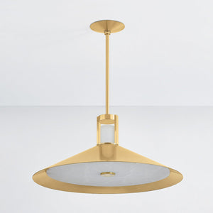 Clermont Pendant 28" in aged brass shown from the front to reveal the shade shape and metal detail.