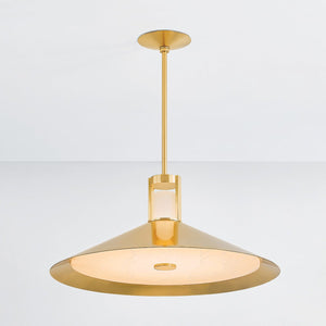 Close-up of the Clermont Pendant 28" in aged brass showing the shade shape and metal detail.