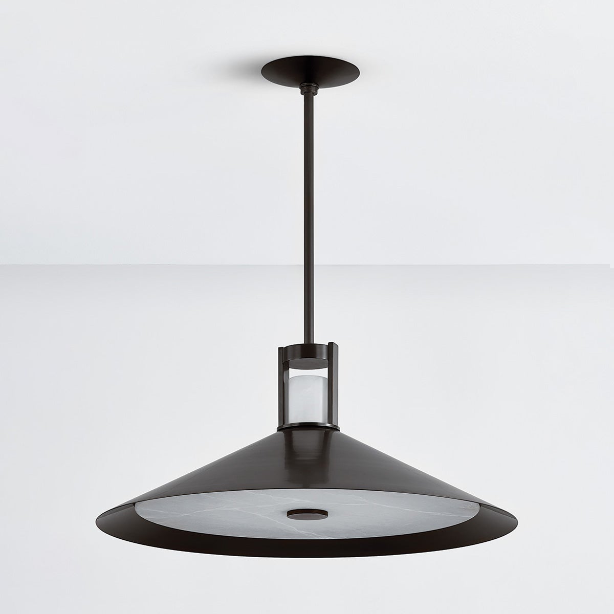 Close-up of the Clermont Pendant 28" in dark bronze showing the shade shape and metal detail.
