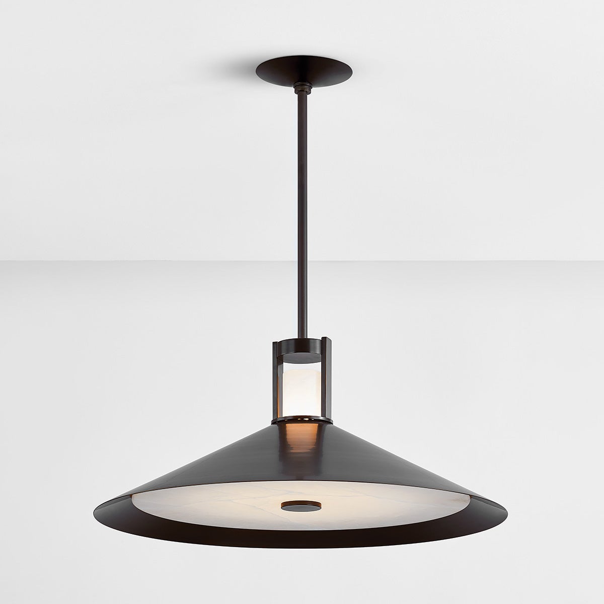 Close-up of the Clermont Pendant 28" in dark bronze showing the shade shape and metal detail.
