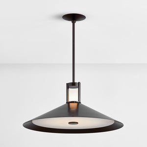 Close-up of the Clermont Pendant 28" in dark bronze showing the shade shape and metal detail.