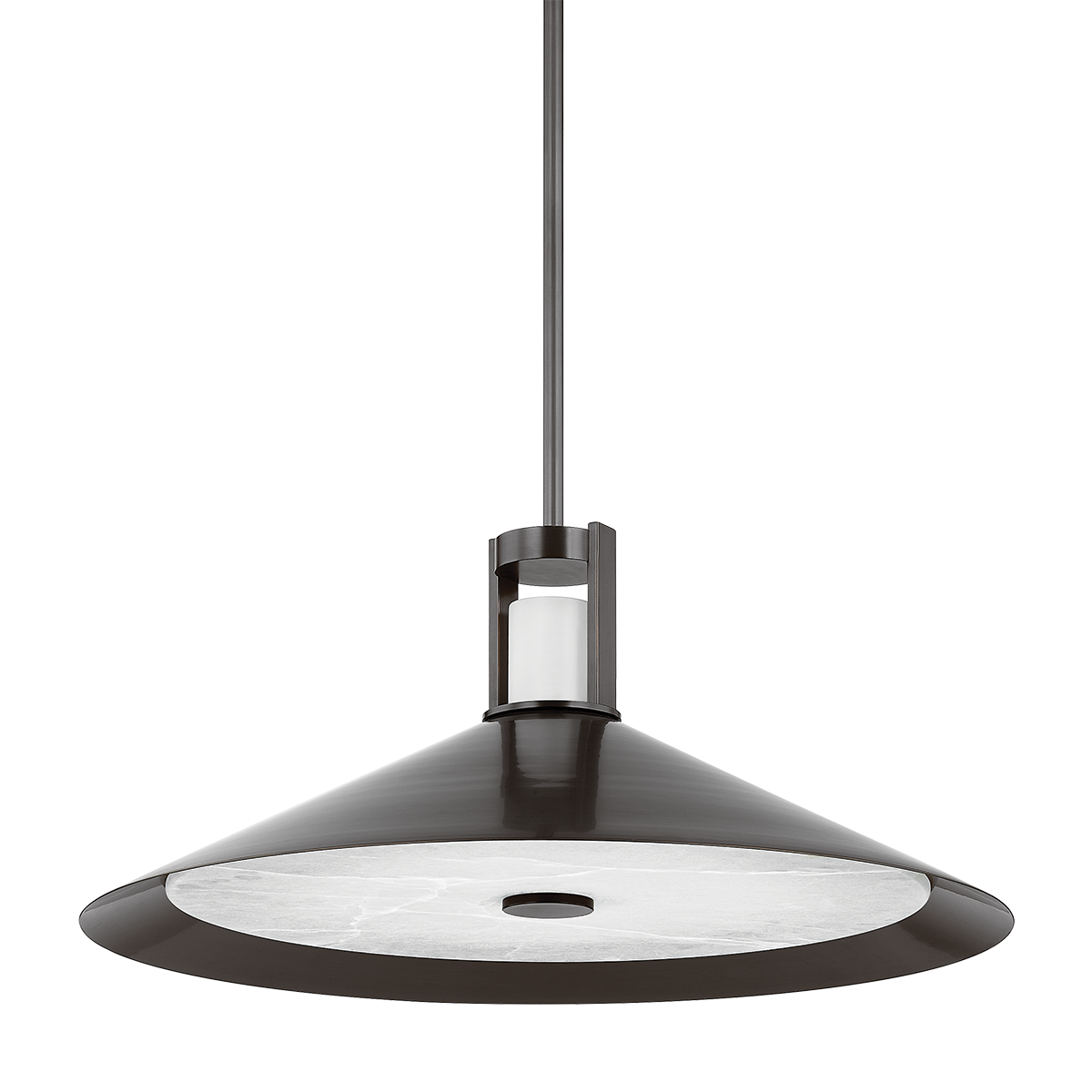 Clermont Pendant 28" in dark bronze shown from a second angle to highlight the shade shape and metal detail.