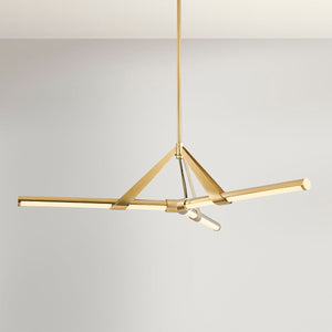 Close-up of the Jonas Chandelier 46" in aged brass showing the frame, arms, and shade detail.