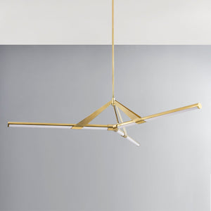 Jonas Chandelier 62.25" in aged brass shown from the front to reveal the frame, arms, and shade detail.