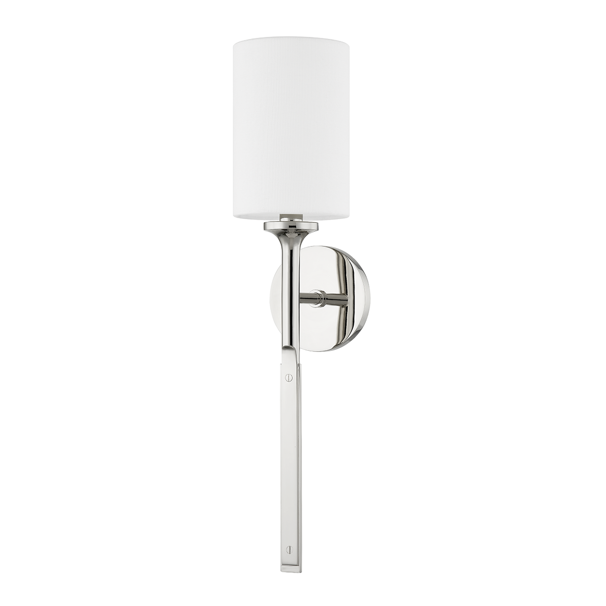 Brewster Wall Sconce in polished nickel shown from the front to reveal the arm curve and shade silhouette.