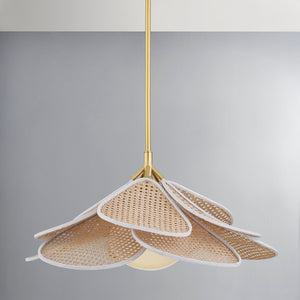 Florina Pendant 28" in aged brass shown from the front to reveal the shade shape and metal detail.