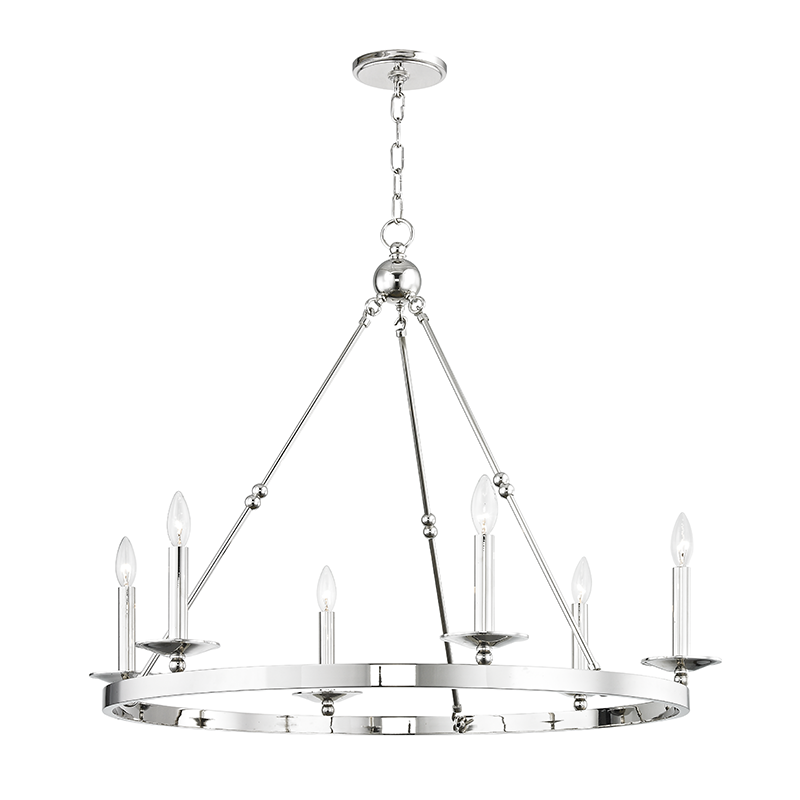Allendale Chandelier 35.75" x 27.75" in polished nickel shown from the front to reveal the frame, arms, and shade detail.