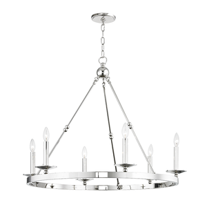Allendale Chandelier 35.75" x 27.75" in polished nickel shown from the front to reveal the frame, arms, and shade detail.