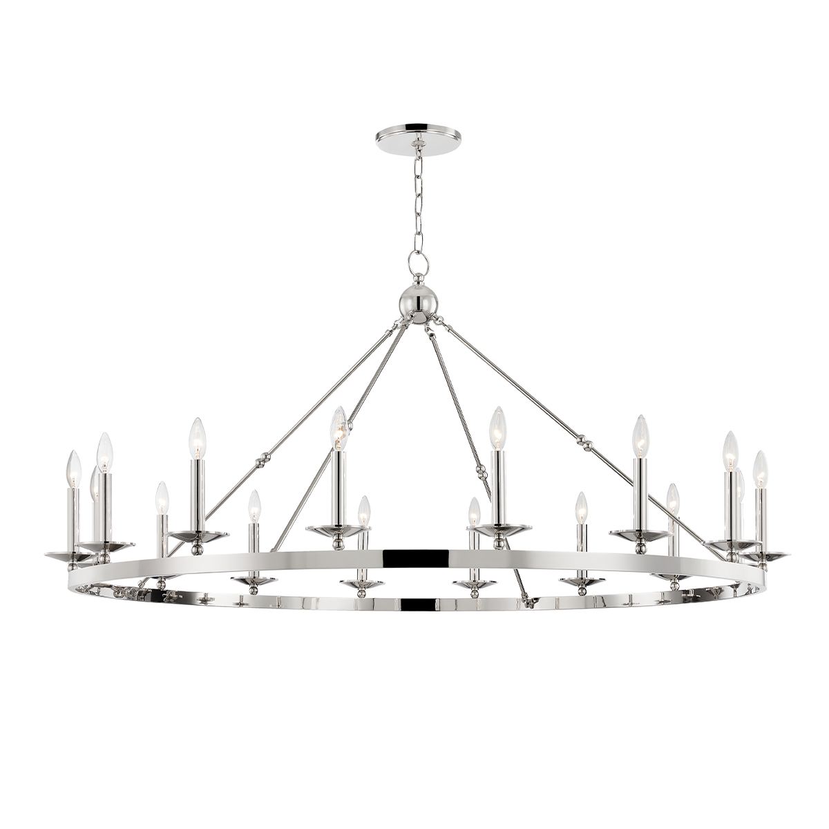 Allendale Chandelier 58" x 27.25" in polished nickel shown from the front to reveal the frame, arms, and shade detail.