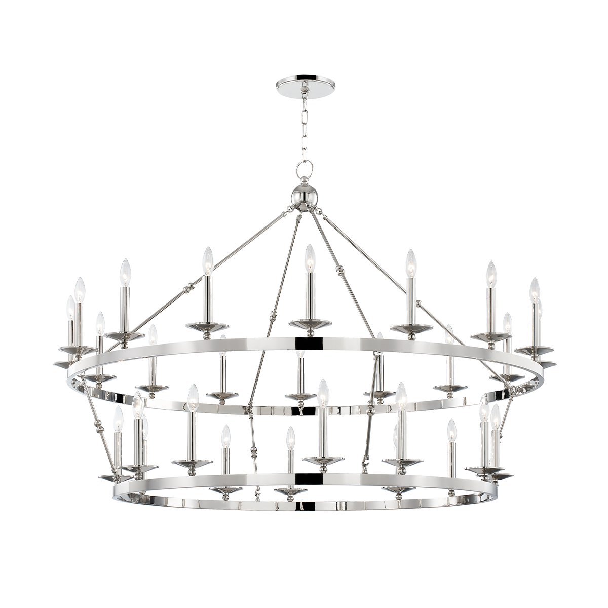 Allendale Chandelier 58" x 40.75" in polished nickel shown from the front to reveal the frame, arms, and shade detail.