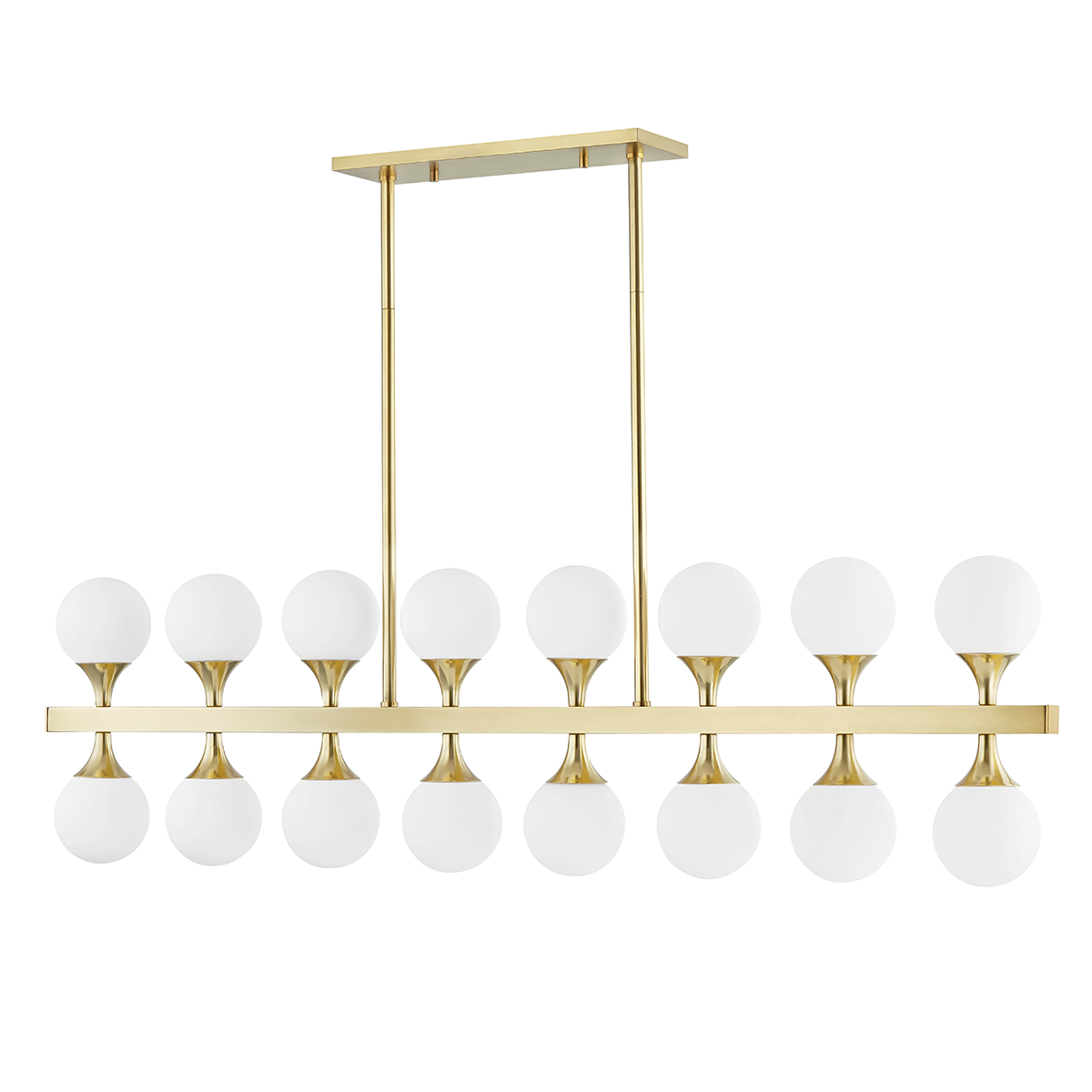 Astoria Linear in aged brass — a Hudson Valley linear for dining rooms, kitchen islands, and long consoles at Laurie Yapp Home.