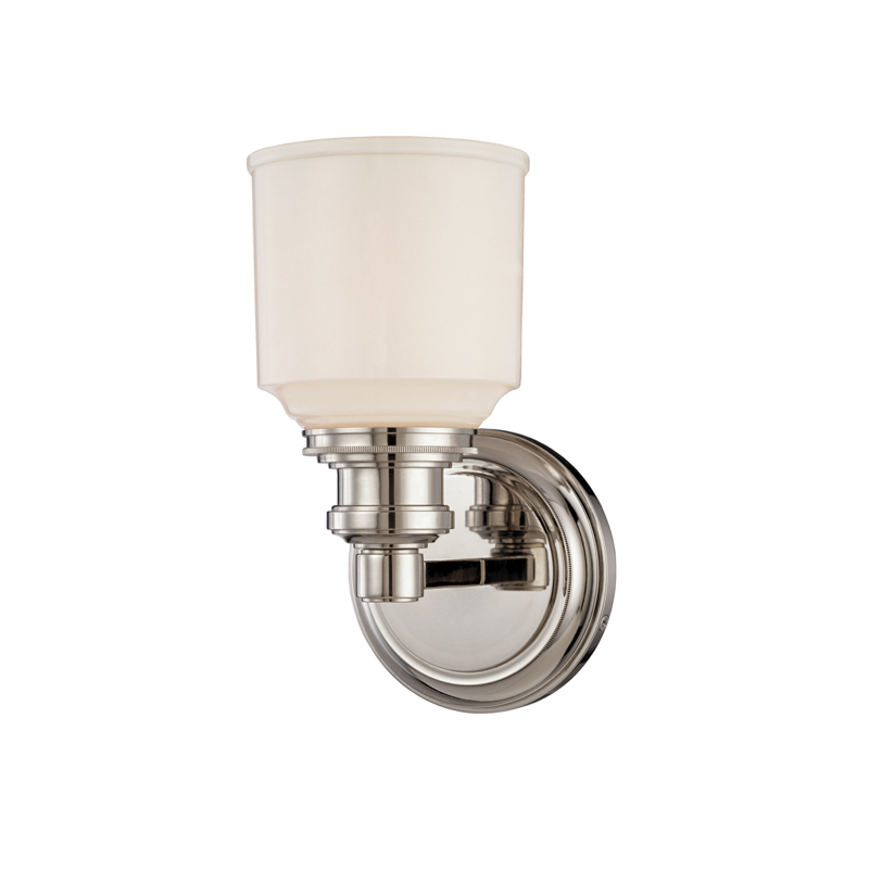 Windham Bath And Vanity 5.25" in satin nickel shown from a second angle to highlight the arm spread and shade silhouette.