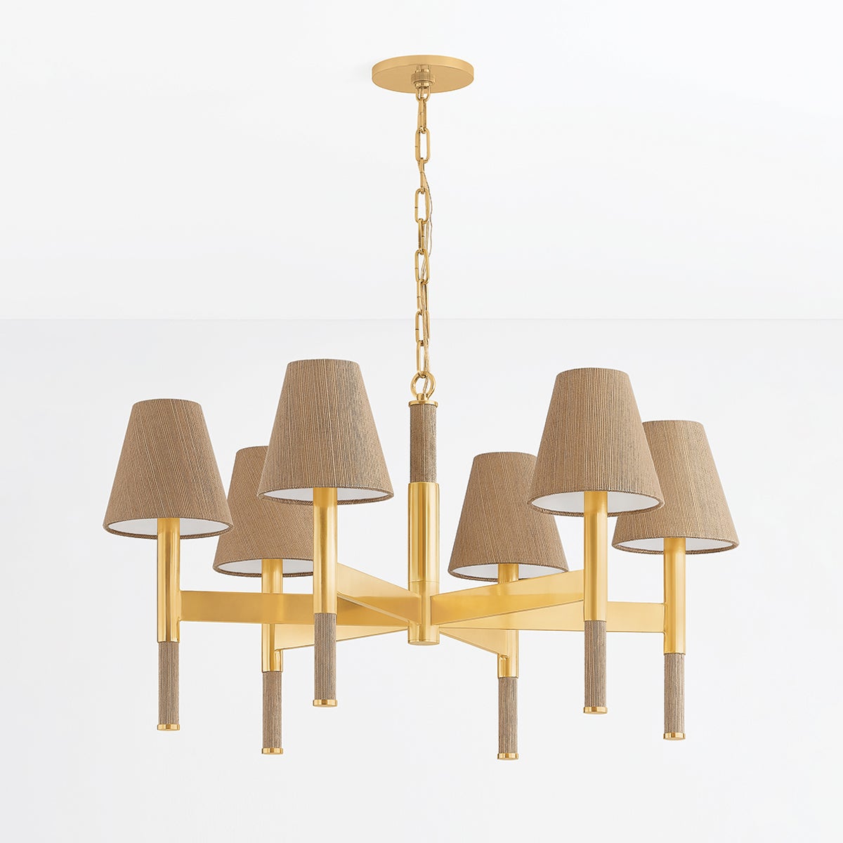 Lindenwood Chandelier 33.5" in aged brass shown from the front to reveal the frame, arms, and shade detail.