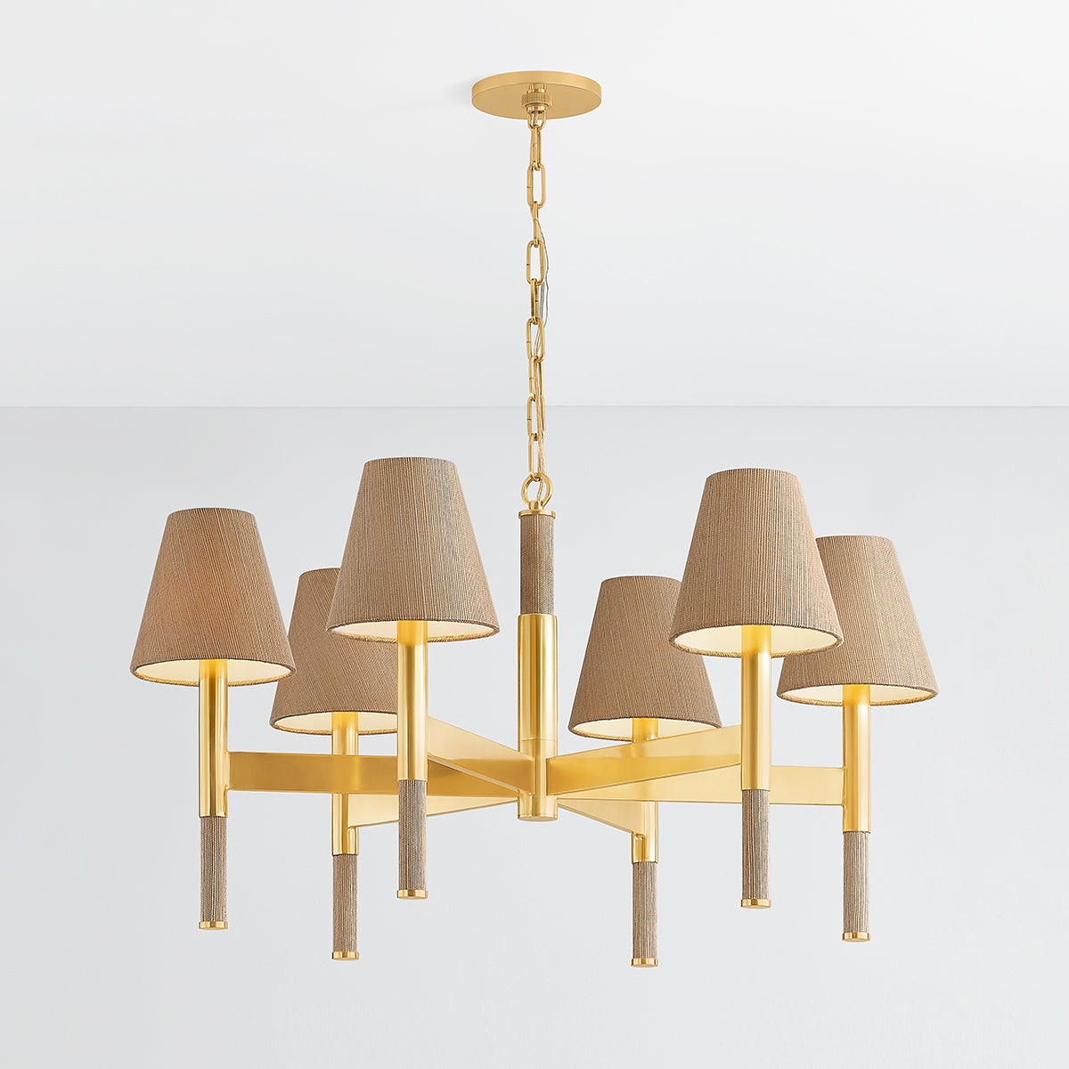 Close-up of the Lindenwood Chandelier 33.5" in aged brass showing the frame, arms, and shade detail.