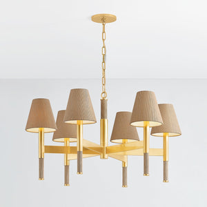 Close-up of the Lindenwood Chandelier 33.5" in aged brass showing the frame, arms, and shade detail.