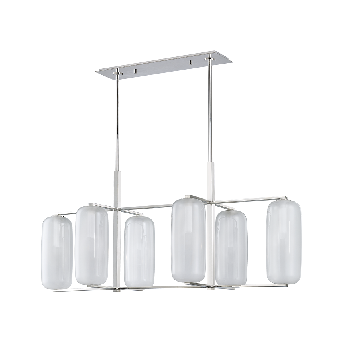 Pebble Linear in polished nickel shown from a second angle to highlight the extended frame and shade array.