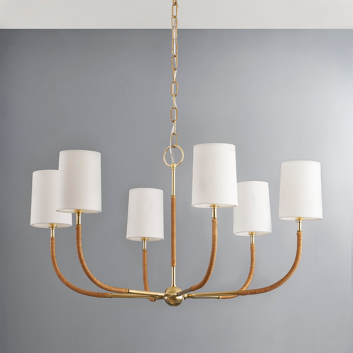 Webson Chandelier in aged brass shown from a second angle to highlight the frame, arms, and shade detail.