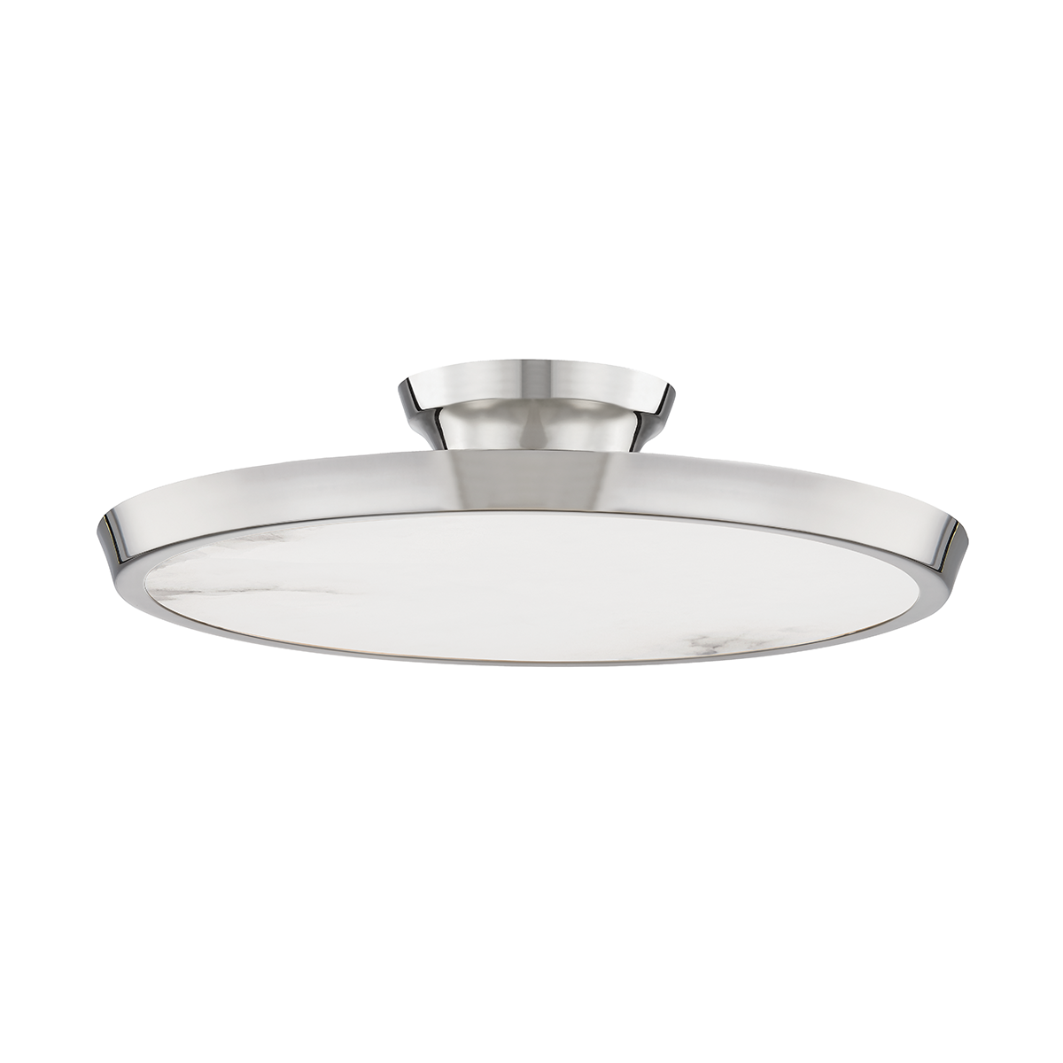 Draper Flush Mount in polished nickel shown from the front to reveal the shade profile and mounting canopy.