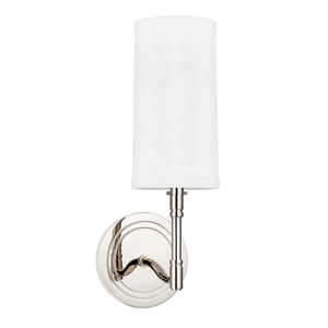 Dillon Wall Sconce 4.5" in polished nickel shown from the front to reveal the arm curve and shade silhouette.