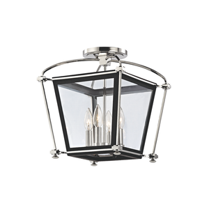 Hollis Semi Flush in Aged Brass shown from a second angle to highlight the shade profile and mounting canopy.