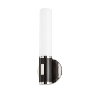 Crewe Wall Sconce 5" x 14.5" in polished nickel shown from a second angle to highlight the arm curve and shade silhouette.