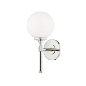 Bowery Bath And Vanity 6" in polished nickel shown from a second angle to highlight the arm spread and shade silhouette.